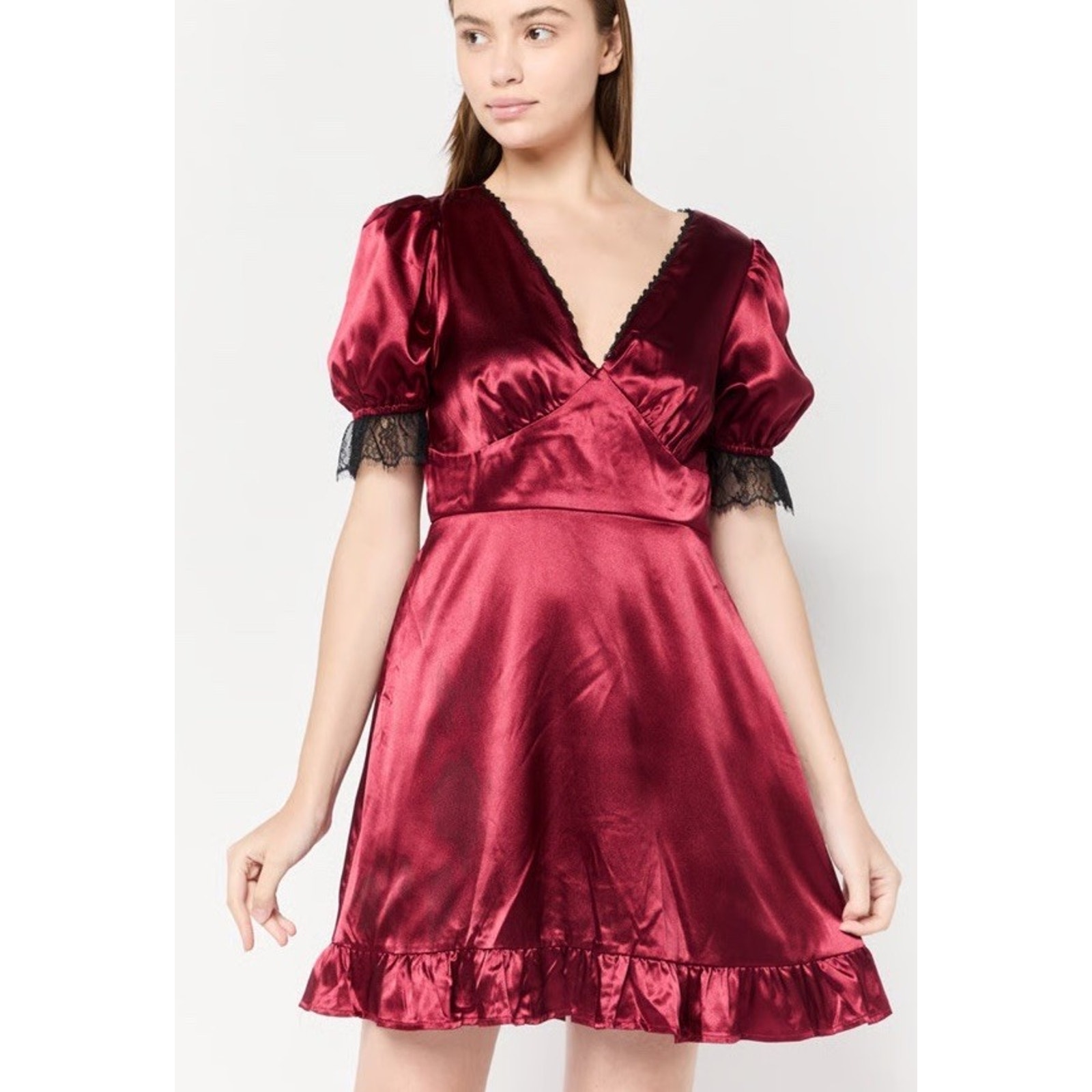 Kit & Sky Oxblood Red Black Satin Lace Dress Juniors L Vtg 20s Style Mini